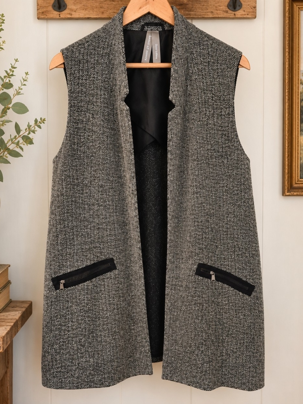 Witty is Pretty 2X Herringbone Long Vest Sleeveless Blazer Zip Pockets